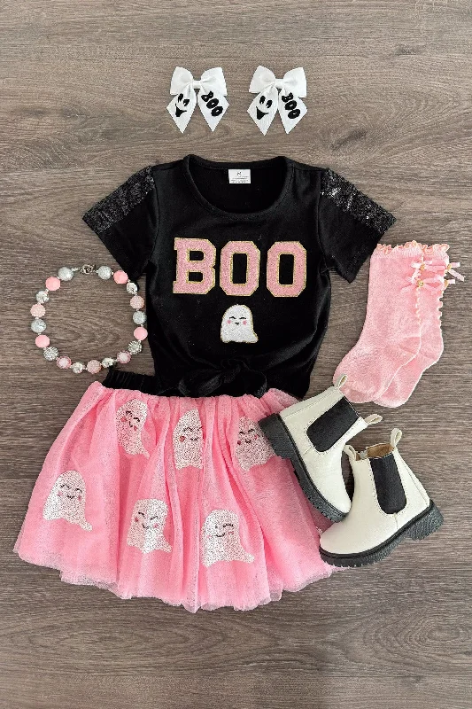 Women's Shawl Collar Skirts"Boo" Black & Pink Sequin Tutu Skirt Set