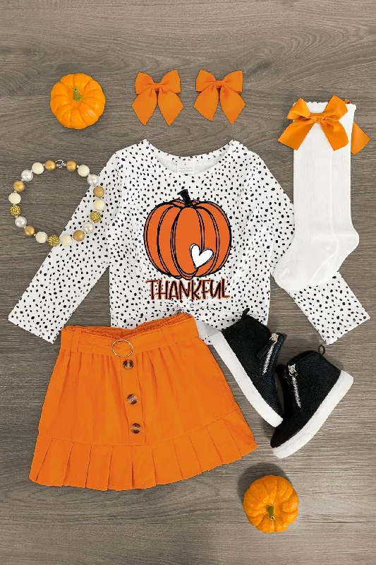 Women's Winter Skirts"Thankful" White & Orange Pumpkin Skirt Set