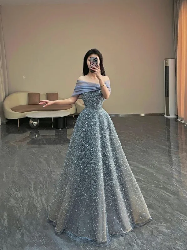 Women's Boat Collar DressesModest Ball Gown Off The Shoulder Sequin Long Party Dress Gray Prom Dress         S6256