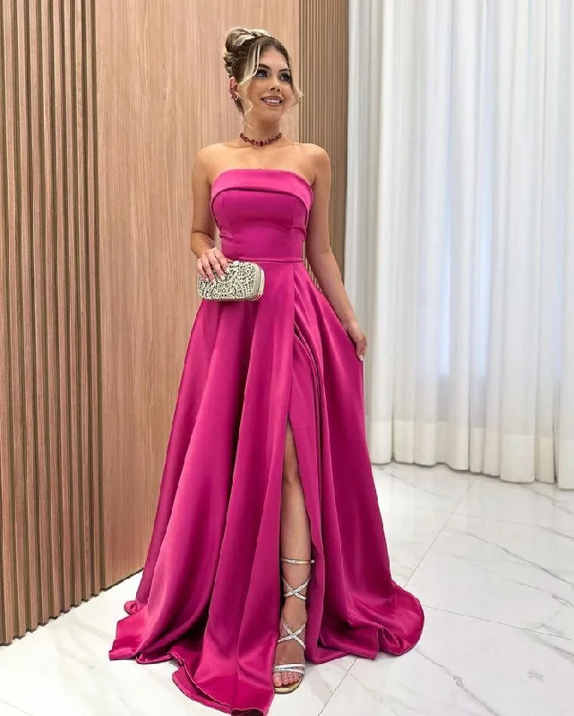 Women's High-Neck DressesElegant Long Fuchsia Satin Prom Dresses With Pockets A-Line Strapless Floor Length Lace Up Back Sweep Train Evening Party Gowns      S6287