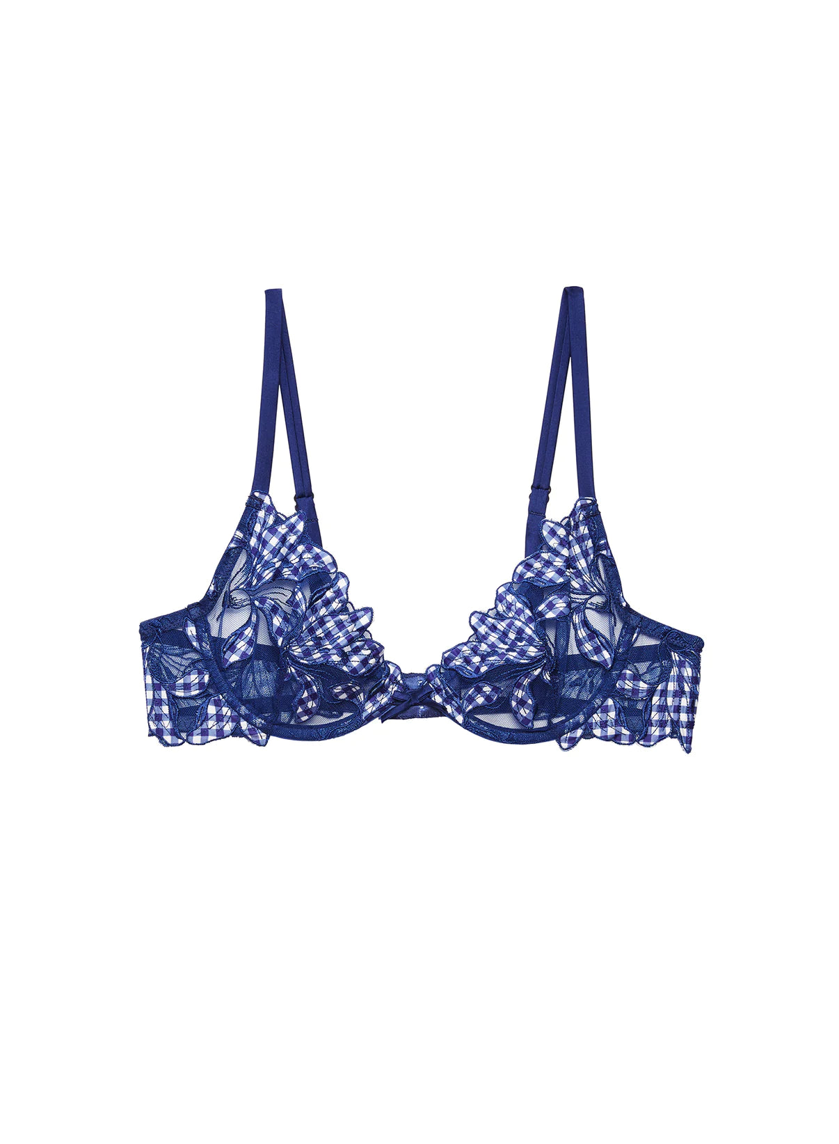 wireless bra with ruched sides for slimmingStarry Blue Gingham Fuller Cup Lily Embroidery Demi Bra