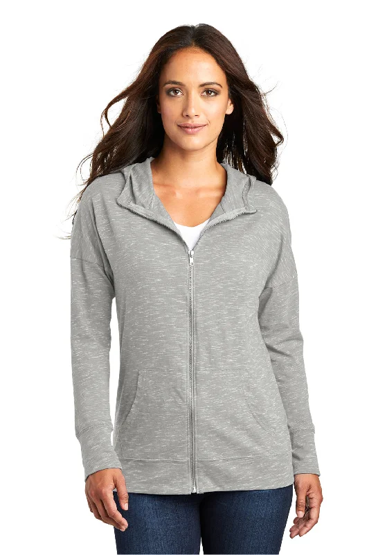 Women's Hooded Sweatshirts with Elastic WaistDistrict Womens Medal Full Zip Hooded Sweatshirt Hoodie w/ Pockets - Light Grey