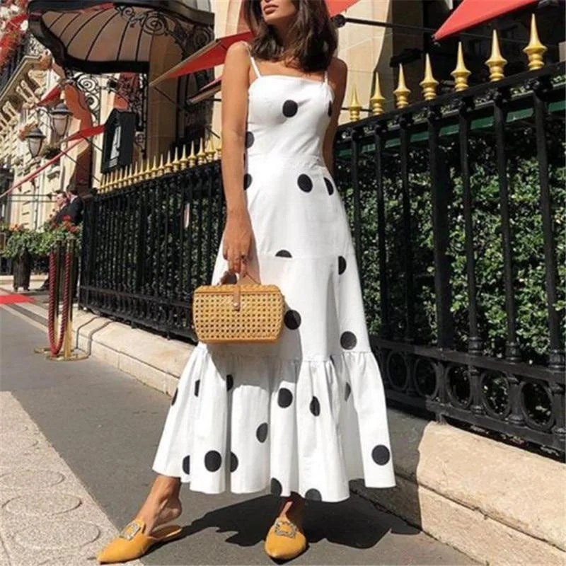 Women's Boat Collar DressesFashionSierra - Polka dot long maxi dress Summer sleeveless ruffles women dress Big dots casaul bohemian dresses Boho beach vestidos mujer