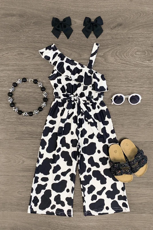 Women's Jumpsuits with Collarless NeckCow Print One Shoulder Jumpsuit