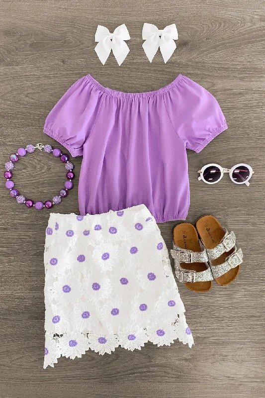 Women's Button-Up SkirtsLavender & White Daisy Skirt Set