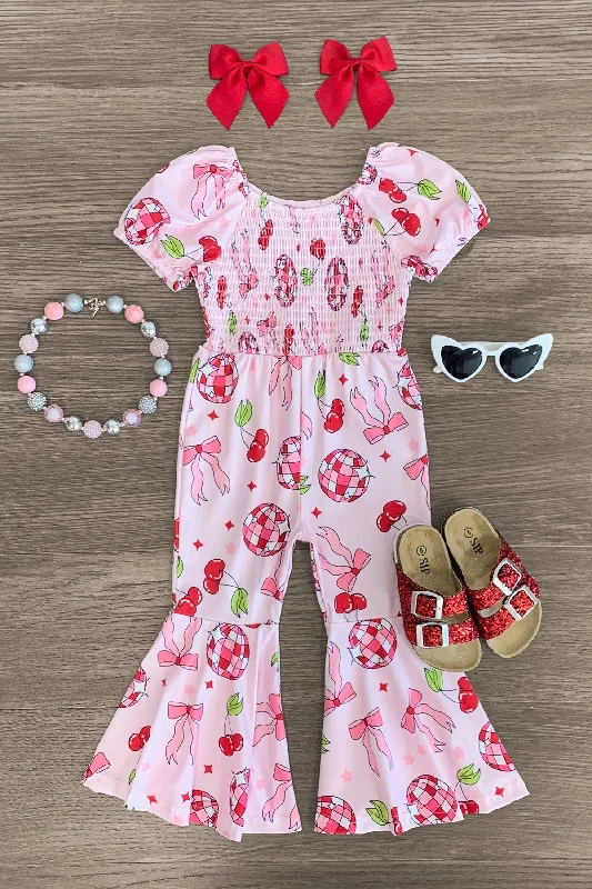 Women's Jumpsuits with Wide CollarPink Cherry & Bow Jumpsuit