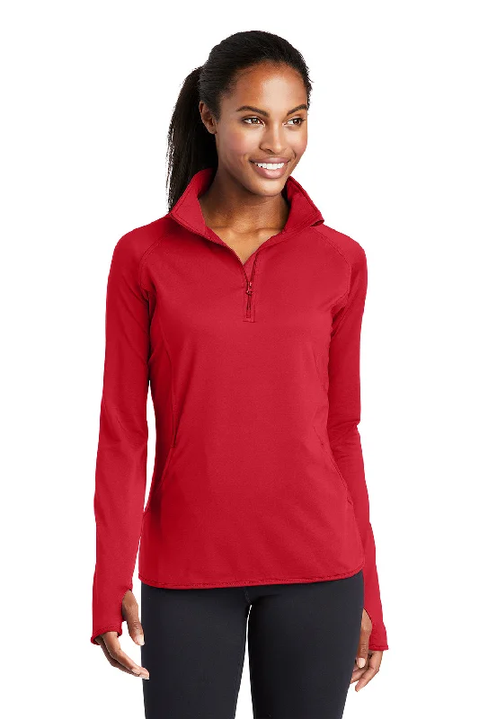 Women's Hooded Sweatshirts with Loose WaistSport-Tek Womens Sport-Wick Moisture Wicking 1/4 Zip Sweatshirt w/ Pouch Pocket - True Red