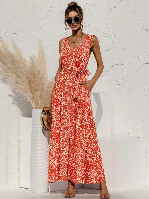 Women's Boat-Back DressesFashionSierra - Boho V Neck Sleeveless Pocket Floral Maxi Dress