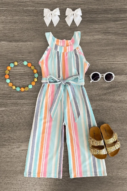 Women's Jumpsuits with Mandarin CollarPastel Stripe Sleeveless Jumpsuit