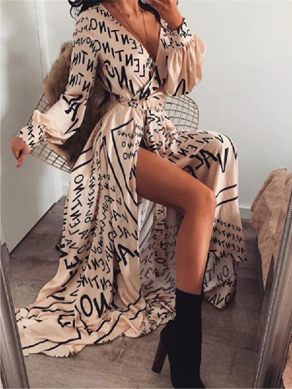 Women's Cut-Out DressesFashionSierra - Boho Printed Floral Long Maxi Dress Women Female Casual Loose Ankle-Length Empire V-Neck Long Splits Dresses