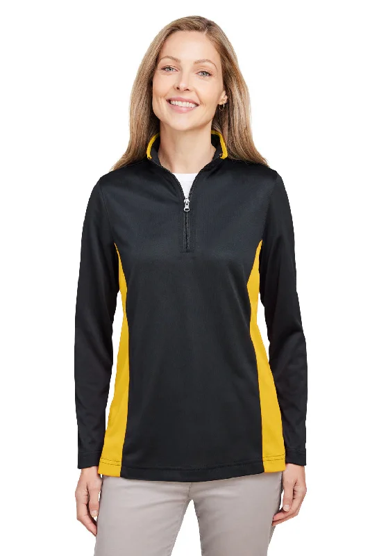 Women's Hooded Sweatshirts with Insulated FabricHarriton Womens Flash Performance Moisture Wicking Colorblock 1/4 Zip Sweatshirt - Black/Sunray Yellow