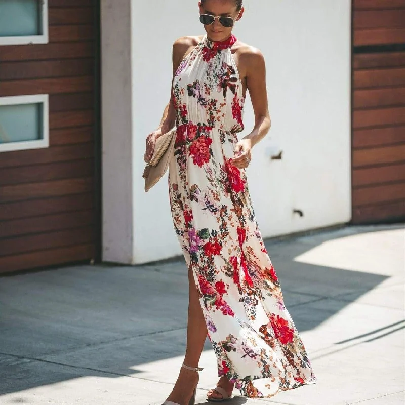 Women's Narrow-Neck DressesFashionSierra - Halter Style Women Summer Floral Dress Casual Boho High Waist Long Maxi Holiday Party Sleeveless Loose Dress Clothes