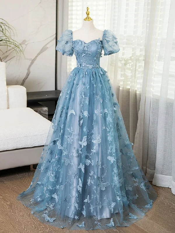 Women's Narrow Collar DressesBlue Short Sleeves Long Party Dress With Butterfly Lace, Blue Prom Dress      S6261