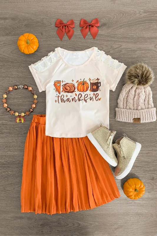 Women's Cotton Skirts"Thankful" Orange Pleated Skirt Set