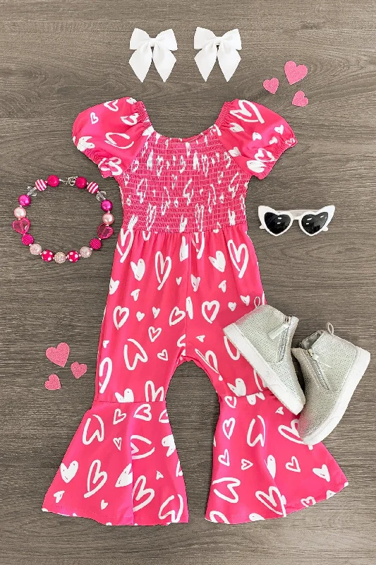 Women's Jumpsuits with PocketsHot Pink Heart Bell Bottom Jumpsuit