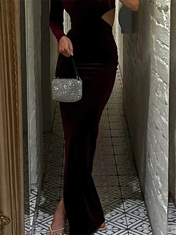 Women's V-Shaped Collar DressesLong Sleeve One Shoulder Velvet Cut Out Side Slit Party Elegant Evening 2024 Maxi Dress Women