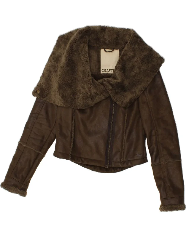 Women's Coats with Fur Trimmed BeltVINTAGE Womens Crop Sherpa Jacket UK 12 Medium Brown Polyester