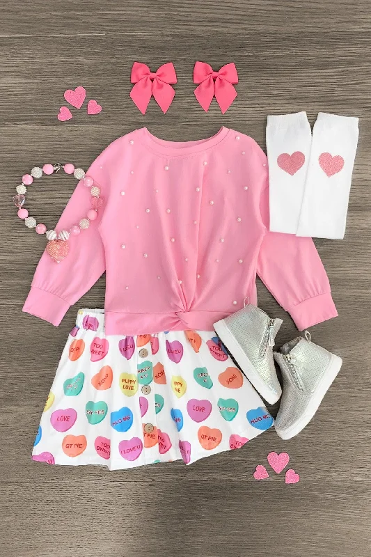 Women's Preppy SkirtsPink Pearl Candy Hearts Skirt Set