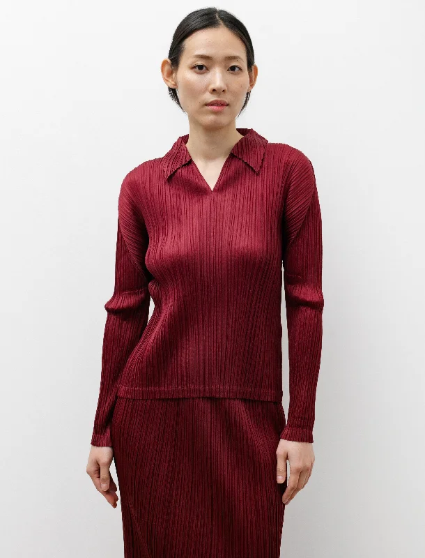 Women's Blouse with Square CollarPolo Neck Long Sleeve Top Wine