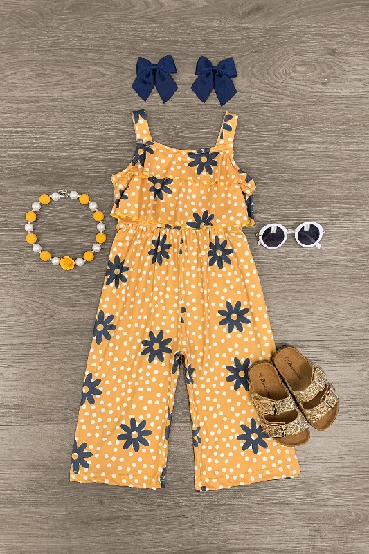 Women's Jumpsuits with Boat NeckMustard Polka Dot & Flower Ruffle Jumpsuit