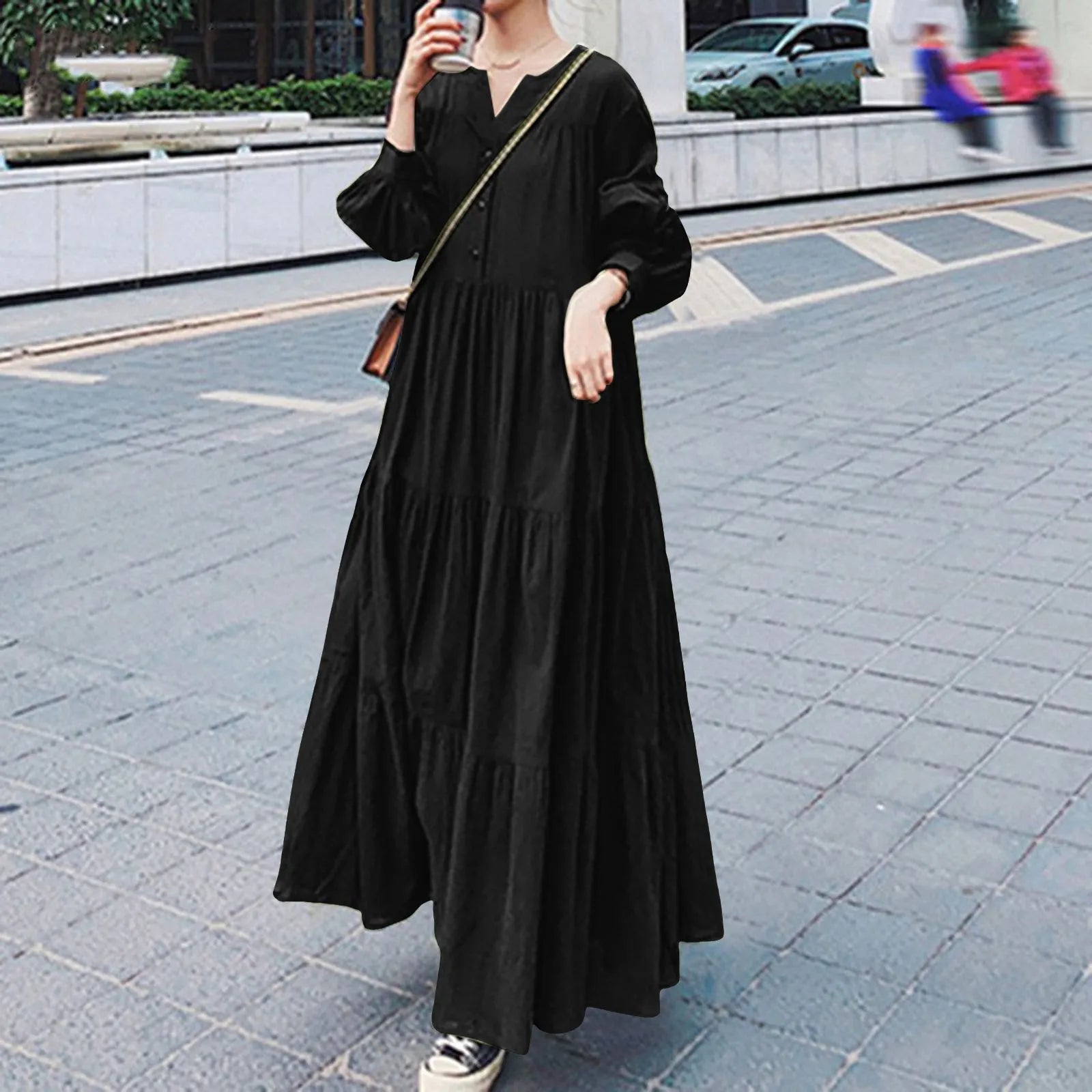 Women's U-Shaped Collar DressesFashionSierra - Women Shirt Maxi Long Casual Spring Big Hem Long Sleeved V Neck Solid Vestidos Robe Femme Oversize Ruffles Sundress