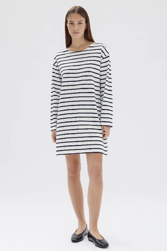 Women's Blouse with V-Shaped CollarAssembly Label - Bateau Long Sleeve Tee Dress, True Navy/White