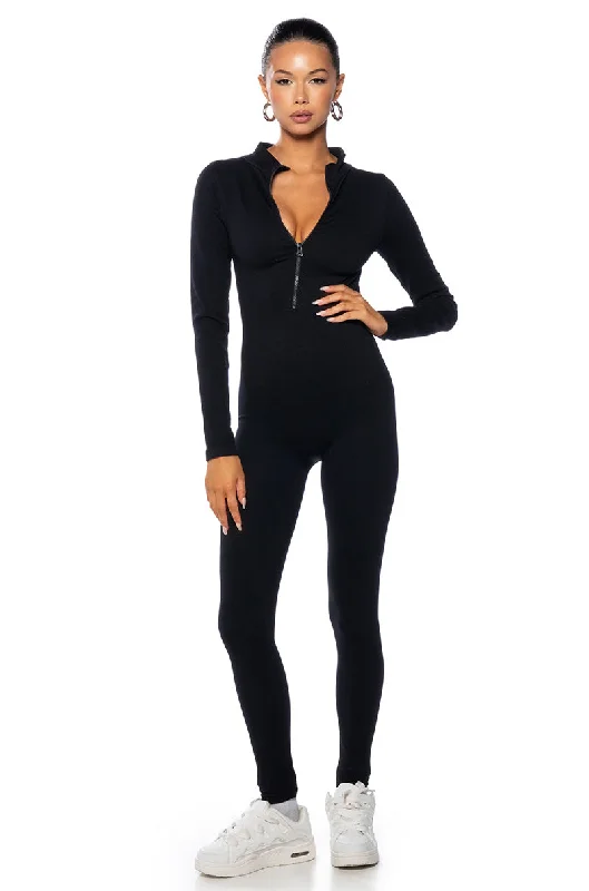 Women's Jumpsuits with Wide CollarBACK TO THE BASICS ZIP FRONT LONG SLEEVE CATSUIT