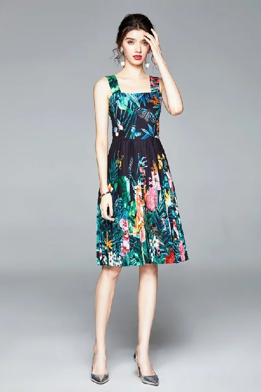 Women's Keyhole-Neck DressesBlack & Multicolor print A-line Off The Shoulder Strap Knee Printed Dress