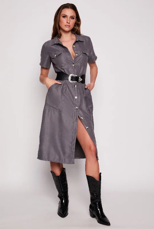 Women's Off-Shoulder DressesTie Waist Belted Button Down Shirt Dress