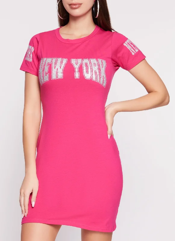 Women's Keyhole-Back DressesNew York Glitter Graphic T Shirt Dress