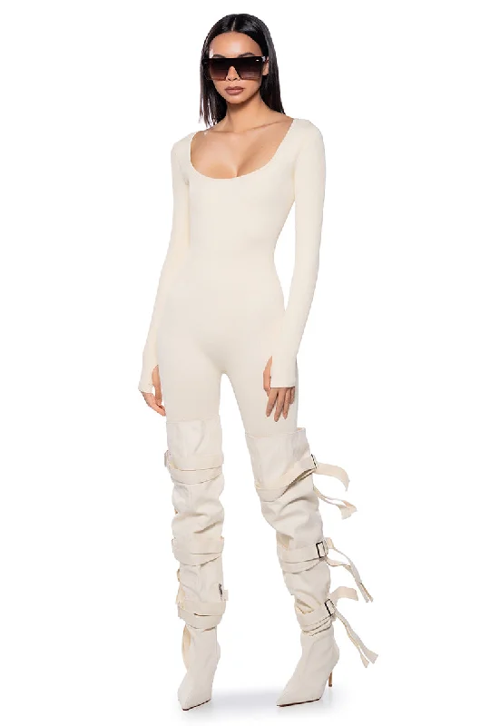 Women's Jumpsuits with Collarless DesignHOT GIRL WALK LONG SLEEVE CATSUIT IN CREAM