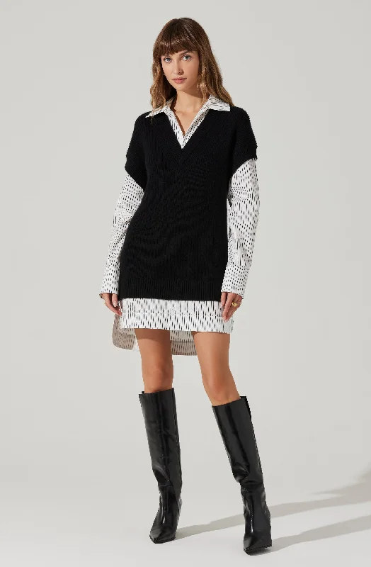 Women's Notched Collar SweatersIshilly Layered Sweater Dress