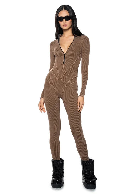 Women's Jumpsuits with Rounded CollarMADDELYN ZIP FRONT LONG SLEEVE CATSUIT