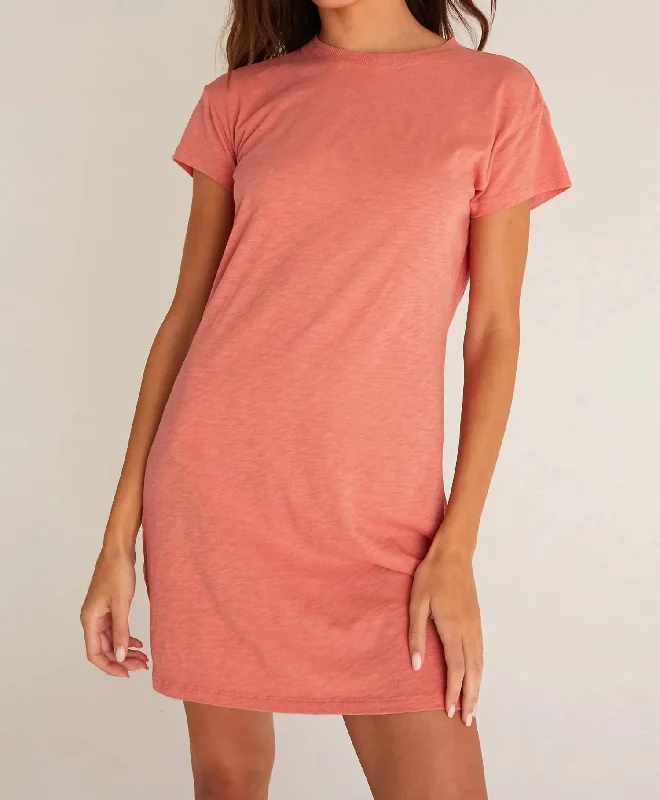 Women's Blouse with Notched CollarModern Crew Slub Tee Dress In Canyon Rose