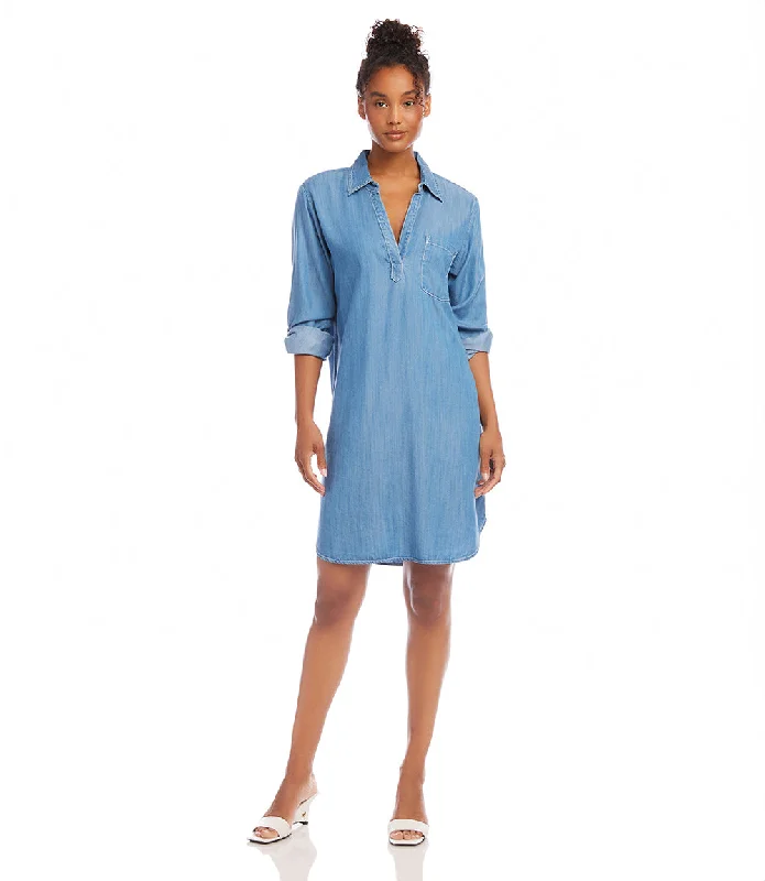 Women's Keyhole-Neck DressesPetite Size Roll Tab Sleeve Chambray Shirtdress