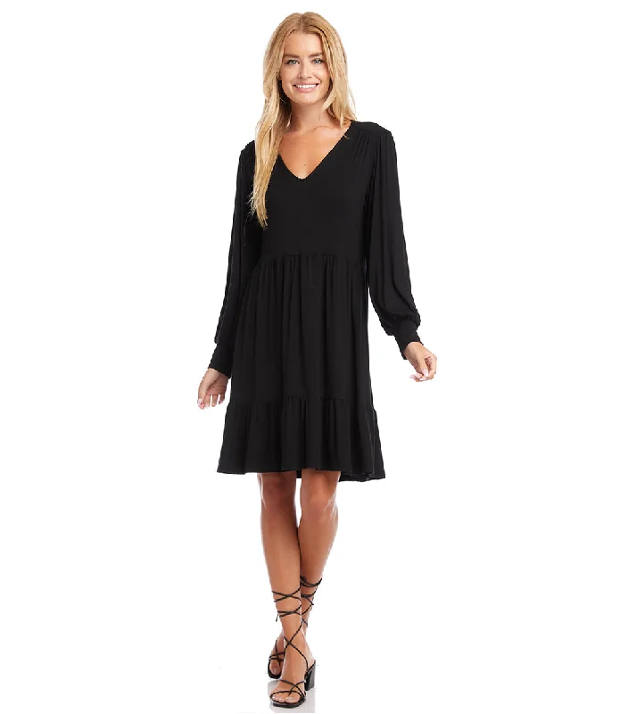 Women's U-Shaped Collar DressesPetite Size Long Sleeve Tiered Dress