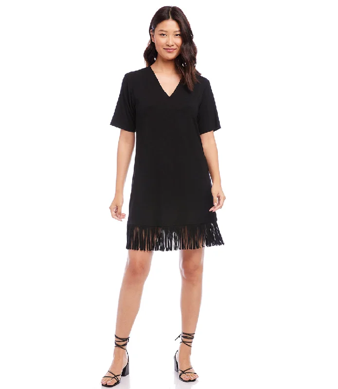 Women's Rounded-Neck DressesPetite Size V-Neck Fringe Dress