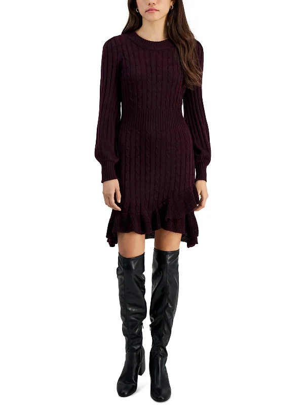 Women's Hungarian Wool SweatersPetites Womens Cable Knit Ruffled Sweaterdress