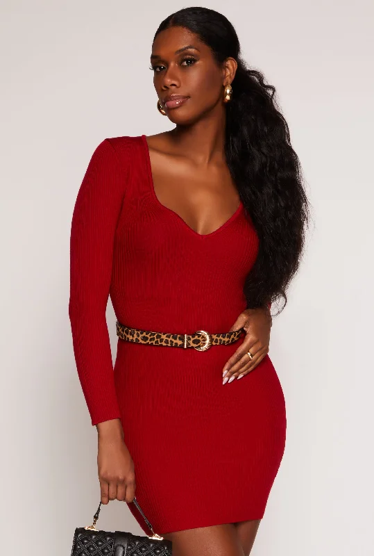 Women's V-Shaped Collar SweatersRibbed Knit Long Sleeve Sweater Dress