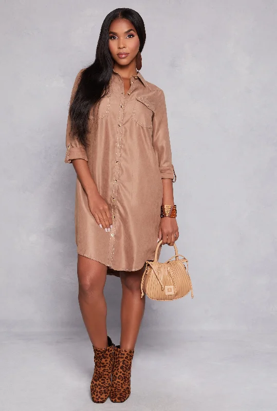 Women's Round-Neck DressesTabbed Sleeve Button Down Shirt Dress