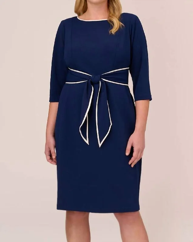 Women's Blouse with Mandarin CollarSateen Knit Crepe Tie Dress In Navy