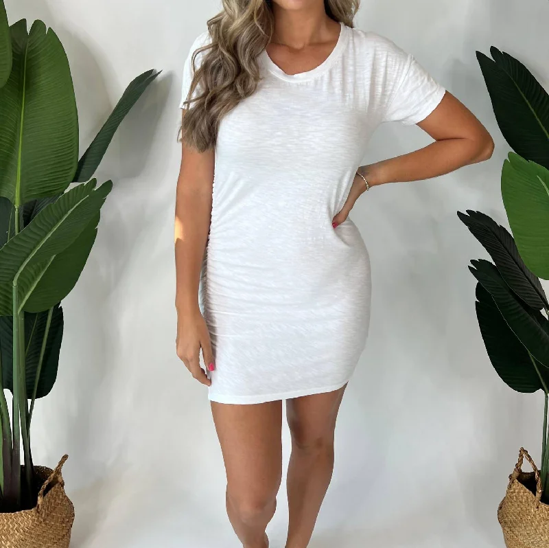 Women's Silk BlouseShirred Tee Shirt Dress In White