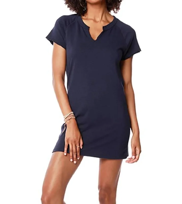 Women's Blouse with Wide CollarSplit Neck Raglan Tee Shirt Dress in Dark Navy