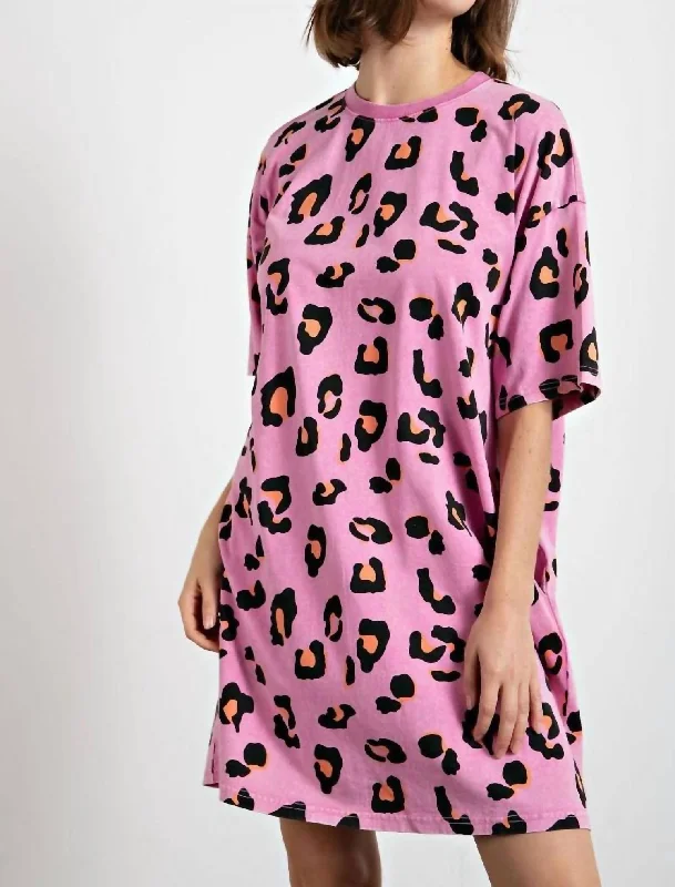 Women's Blouse with Collarless DesignWashed Leopard Tunic Tee Dress in Barbie Pink