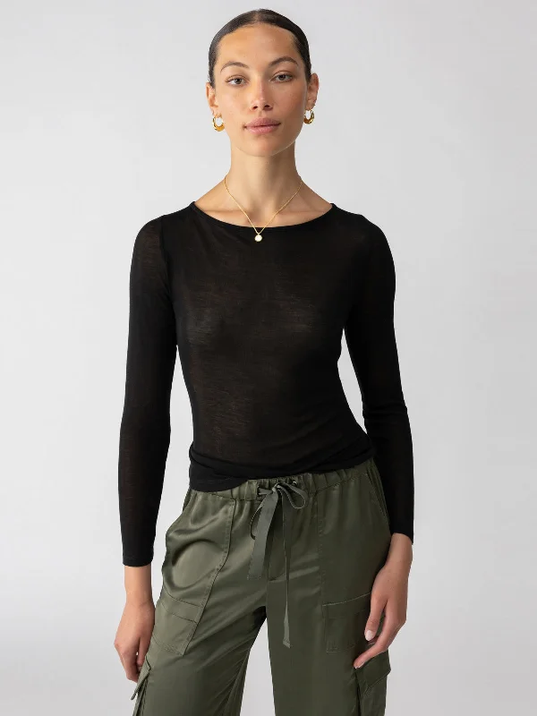 Women's Blouse with Boat CollarSemi Sheer Tee Black