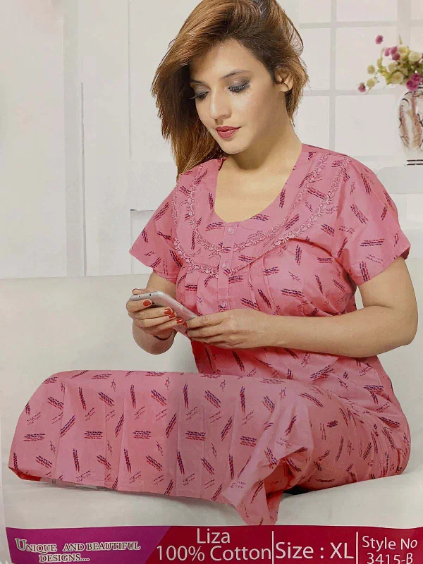 women's pajamas with drawstring waistPink Printed Cotton Full Length Nighty for Women