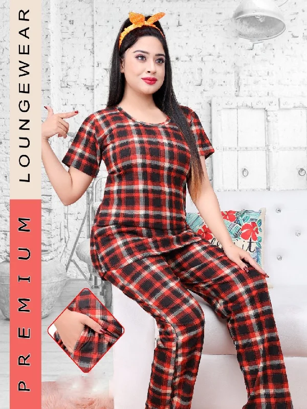 women's pajamas for ultimate relaxationChecked Night suit for ladies with long Top and Pockets