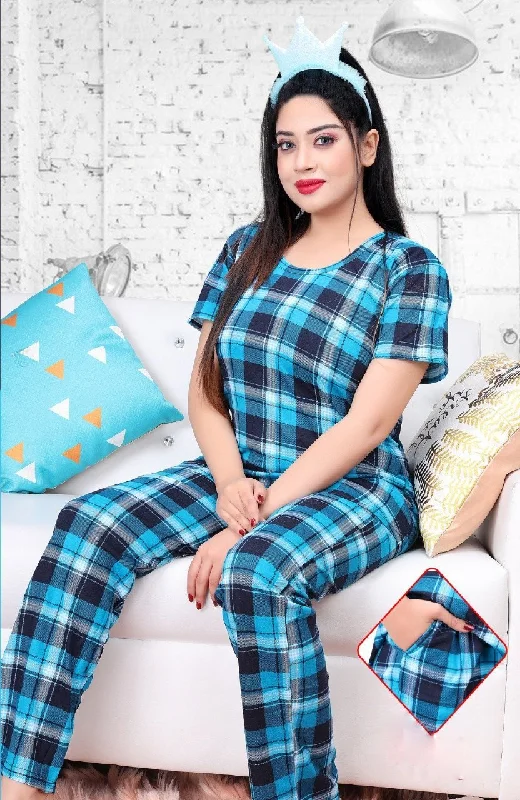 women's pajamas for lounging around the houseBlue Checked Night suit for ladies with long Top and Pockets