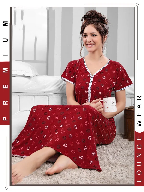 women's pajamas with a subtle shimmerCotton Long Maroon Nighty Night wear for Women