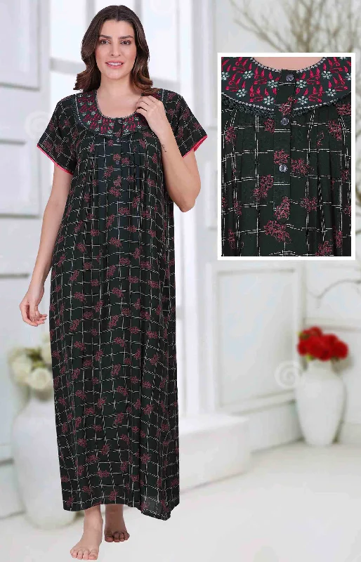 women's pajamas with a touch of elegance and sophisticationCotton Long Green Nighties for ladies with Embroidery